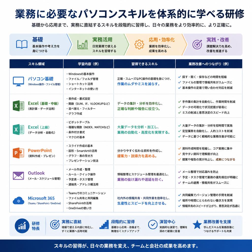 必要なパソコンスキルと研修内容