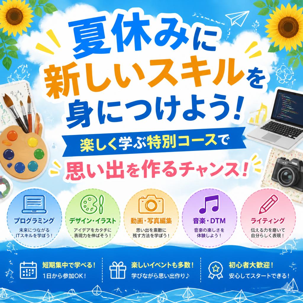 夏休みに新しいスキルを身につけよう！楽しく学ぶ特別コースで思い出を作るチャンス！