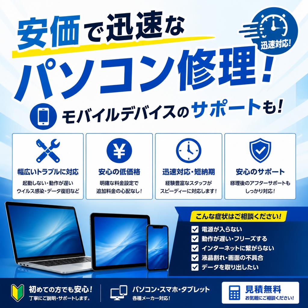 安価で迅速なパソコン修理！モバイルデバイスのサポートも！