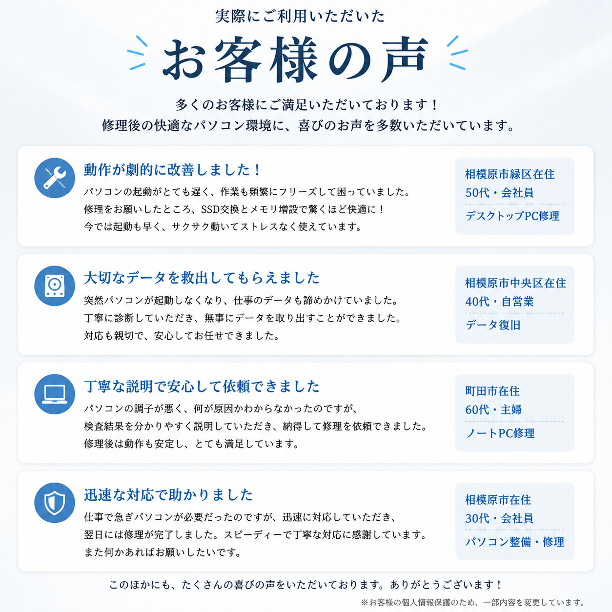 体験者の声：実績と信頼
